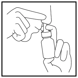 Disegno lineare che mostra mani che tengono una boccetta di collirio e una narice sollevata per l'applicazione del farmaco nel naso