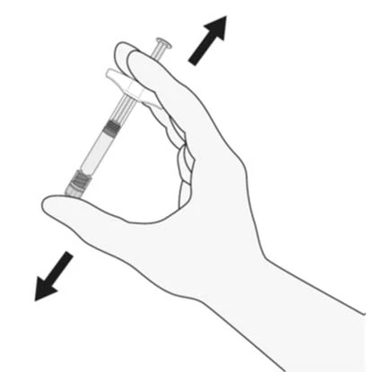 Hand holding a syringe, which should be rotated up and down, as indicated by two black arrows pointing in opposite directions