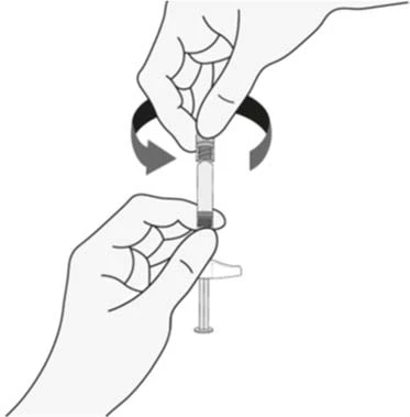 Two hands holding a vial and a syringe; two curved arrows indicate the rotational motion required to unscrew the connecting component