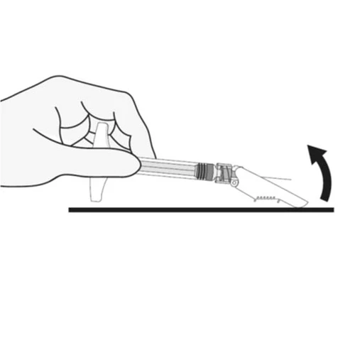 Hand holding a syringe being lifted upward, indicated by a curved arrow showing motion from a flat surface