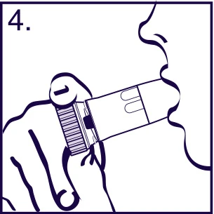 Perfil de la cara de una persona sosteniendo un inhalador en la boca para realizar una inhalación, línea esquemática del dibujo con el número 4 en la esquina superior izquierda