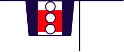 Símbolo gráfico que representa un rectángulo vertical rojo con tres círculos blancos dispuestos uno debajo del otro, dentro de un marco azul oscuro