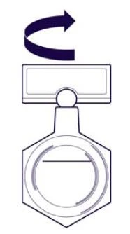 Icona schematica che rappresenta un contenitore rotondo con tappo a vite, su cui una freccia blu scuro indica un movimento rotatorio