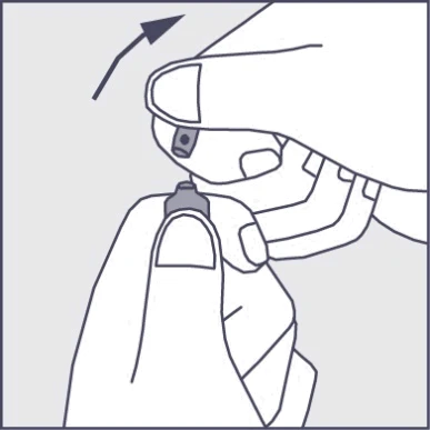 Hands holding and unscrewing the top part of a medication package, indicated by a black arrow suggesting upward and sideways movement