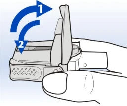 Рука держит медицинское устройство с двумя синими стрелками, указывающими последовательность вращательных движений: 1 — вверх, 2 — вниз