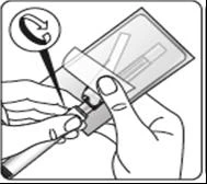 Hands holding a package with an ampoule, one hand turning the cap in the direction of an arrow shown enlarged in the upper corner