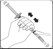 Hand holding a syringe with two black arrows indicating upward and downward movement of the plunger for medication preparation