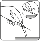 Hand holding an injector with needle pointing downward toward a flat surface, close-up of hand with 'After' label in upper corner