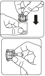 Two hands pressing the plunger into a vial, and below, a hand holding a detached cap with a needle pointing toward the side