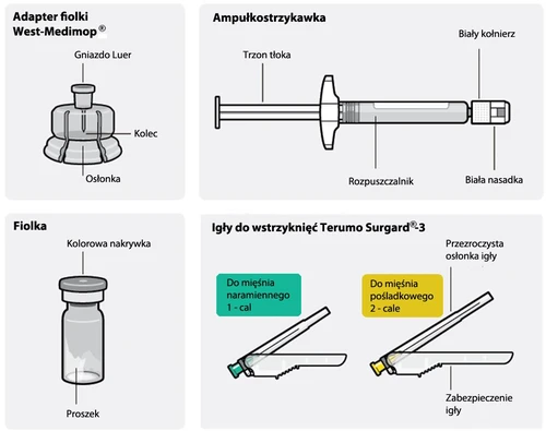 Медицинская схема, показывающая флакон с адаптером и разъемом Люэра, шприц с поршнем и белым фланцем, флакон с порошком и две инъекционные иглы