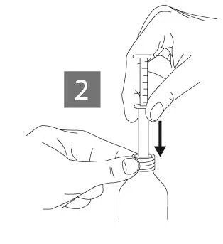 A hand holding a syringe with a needle being inserted vertically into the rubber stopper of a medication vial, with a large number two visible beside it