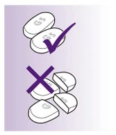 Two whole white tablets marked with GS and indicated by a purple checkmark, and a tablet broken into pieces with a purple cross mark
