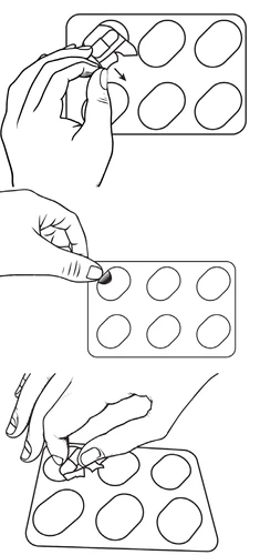 Three illustrations showing hands opening a tablet blister pack by peeling off the foil and removing a single tablet from the packaging