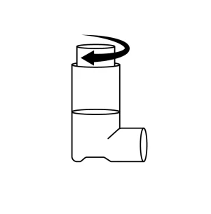 Icono negro que representa un inhalador con una tapa superior roscada, con una flecha curva indicando el sentido de giro hacia la izquierda