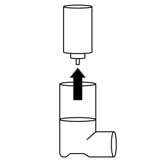 Dibujo esquemático que muestra la colocación de la parte superior del recipiente sobre el elemento inferior con tubo, indicando la dirección del movimiento con una flecha hacia arriba