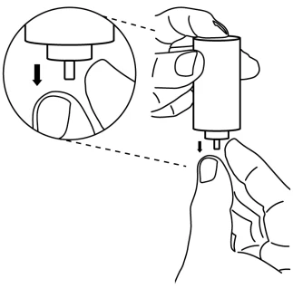 Ilustración que muestra manos sosteniendo un dispositivo médico que se aplica sobre el dedo índice, mostrando un detalle ampliado de la aplicación