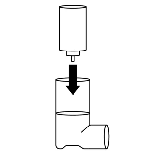 Dibujo esquemático que muestra la colocación de la parte superior del recipiente sobre la parte inferior del tubo mediante una flecha negra dirigida hacia abajo