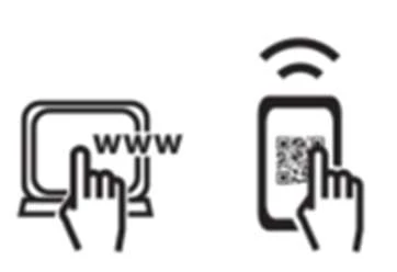 Icono de una mano señalando una pantalla de monitor con el texto www y una mano escaneando un código QR con un teléfono inteligente, con una señal de radio sobre el dispositivo