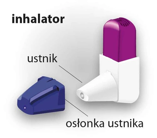 Inhalador desplegado con tapa morada, cuerpo blanco con boquilla saliente y tapa protectora azul separada de la boquilla sobre fondo blanco