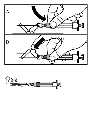 Schema illustrativo che mostra la mano che manovra la siringa in due passaggi A e B e un disegno dell'orecchio vicino all'ago che emette un suono