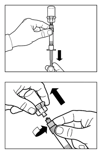 Mano che tiene la siringa con la fiala, freccia indica movimento verso il basso; la seconda parte mostra lo svitamento o rimozione di un componente della siringa