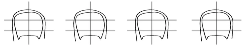 Quattro schemi identici in bianco e nero che rappresentano il contorno a forma di capsula o reniforme sovrapposto a una griglia di coordinate con linee verticale e orizzontale