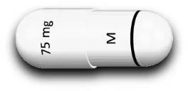 Cápsula blanca de medicamento con la inscripción negra '75 mg' en el lado izquierdo y la letra negra 'M' en el lado derecho sobre fondo claro, con una sombra suave debajo
