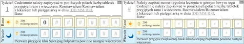Dos tablas para el seguimiento de la dosificación del medicamento Selexipag Polpharma, con campos para número de semana, fecha, número de comprimidos por la mañana y por la noche, e iconos de sol y luna