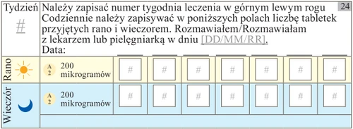 Таблица для записи дозы препарата 200 микрограммов утром и вечером с полями для количества таблеток, номера недели и даты беседы с врачом