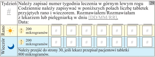 Таблица для мониторинга лечения с полями для номера недели, даты и количества принятых утром и вечером таблеток по 200 микрограммов