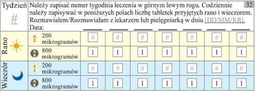 Таблица для контроля лечения с полями для номера недели, даты беседы с врачом и строками для доз 200 и 800 микрограммов утром и вечером
