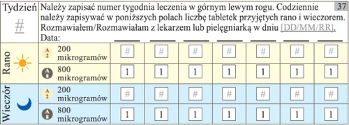 Таблица для контроля лечения с полями для номера недели, даты беседы с врачом и количества принятых утром и вечером таблеток в дозах 200 и 800 микрограммов