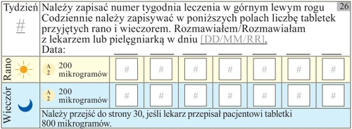 Таблица для мониторинга лечения с колонками по дням недели, строками для утра и вечера и полями для количества принятых таблеток по 200 микрограммов