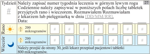 Таблица для записи дозы препарата с полями для номера недели, количества принятых утром и вечером таблеток, а также местом для даты и беседы с врачом