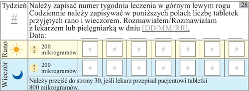 Таблица для записи дозы препарата с полями для номера недели, количества таблеток утром и вечером, даты и инструкцией по дозе 800 микрограммов