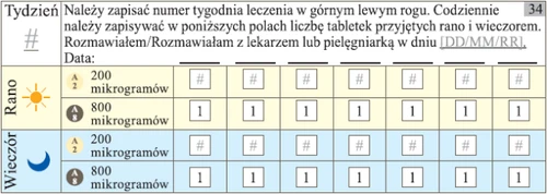 Таблица для мониторинга лечения с полями для номера недели, даты и количества принятых таблеток утром и вечером в дозах 200 и 800 микрограммов