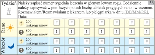 Таблица для мониторинга лечения с полями для номера недели, даты и количества принятых таблеток 200 и 800 микрограммов утром и вечером