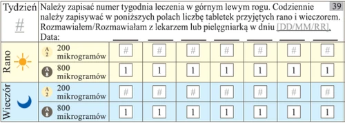 Таблица для мониторинга лечения с полями для номера недели, даты беседы с врачом и сеткой для отметки дозы 200 и 800 микрограммов утром и вечером