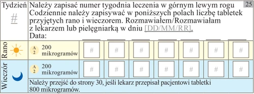 Таблица для записи дозы лекарства с полями для номера недели, даты и количества принятых утром и вечером таблеток по 200 микрограммов.