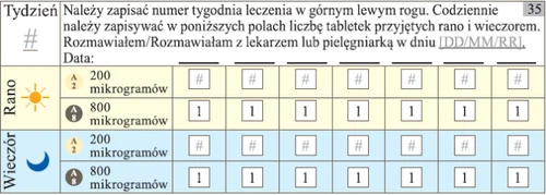 Таблица для мониторинга лечения с полями для номера недели, даты беседы с врачом и сводкой доз 200 и 800 микрограммов утром и вечером.