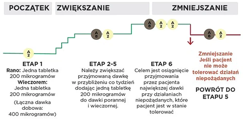 График этапов дозирования лекарства, показывающий увеличение и снижение дозы от этапа 1 до 6 с инструкциями по микрограммам и реакции организма