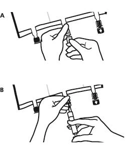 Schematic drawing illustrating two methods of drug administration: A hand holding a syringe at an angle, and B hand holding a syringe vertically