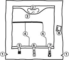 Dibujo esquemático con números del 1 al 8 que muestra los componentes de un dispositivo médico o del envase de un medicamento sobre fondo blanco