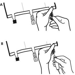Ilustración instructiva que muestra dos fases: A manos preparando el mecanismo del dispositivo y B mano sosteniendo una jeringa que se inserta en el dispositivo