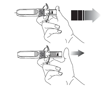 Due disegni in bianco e nero di una mano che impugna un iniettore, che mostrano il movimento dello spostamento del dispositivo verso destra indicato da frecce accanto allo stesso