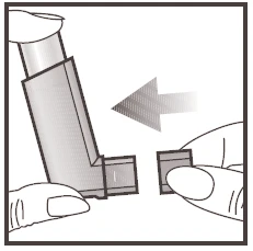 Руки тримають і розділяють два елементи пластикового медичного пристрою, що вказує велика стрілка, напрямлена ліворуч