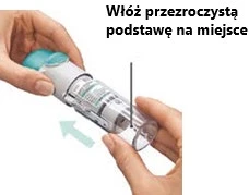 Dos manos sujetando un inhalador blanco y azul, colocando una base transparente sobre el dispositivo, indicado por una flecha y texto de instrucción