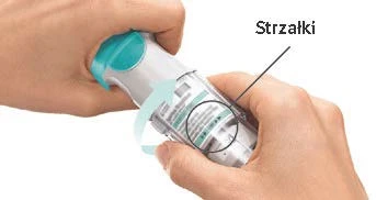 Dos manos sosteniendo un dispositivo médico blanco y turquesa, con una flecha azul indicando la dirección de giro alrededor de un círculo negro con la leyenda Flechas