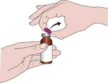 Two hands holding a brown bottle with a white label, one hand removing a purple cap upwards as indicated by the arrow pointing upward