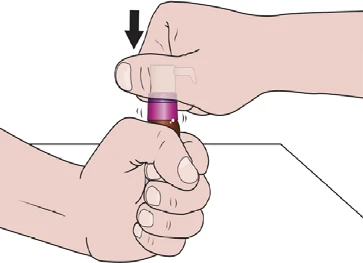 Two hands holding and pressing together a white stopper and the brown medication container, with a black arrow indicating downward movement